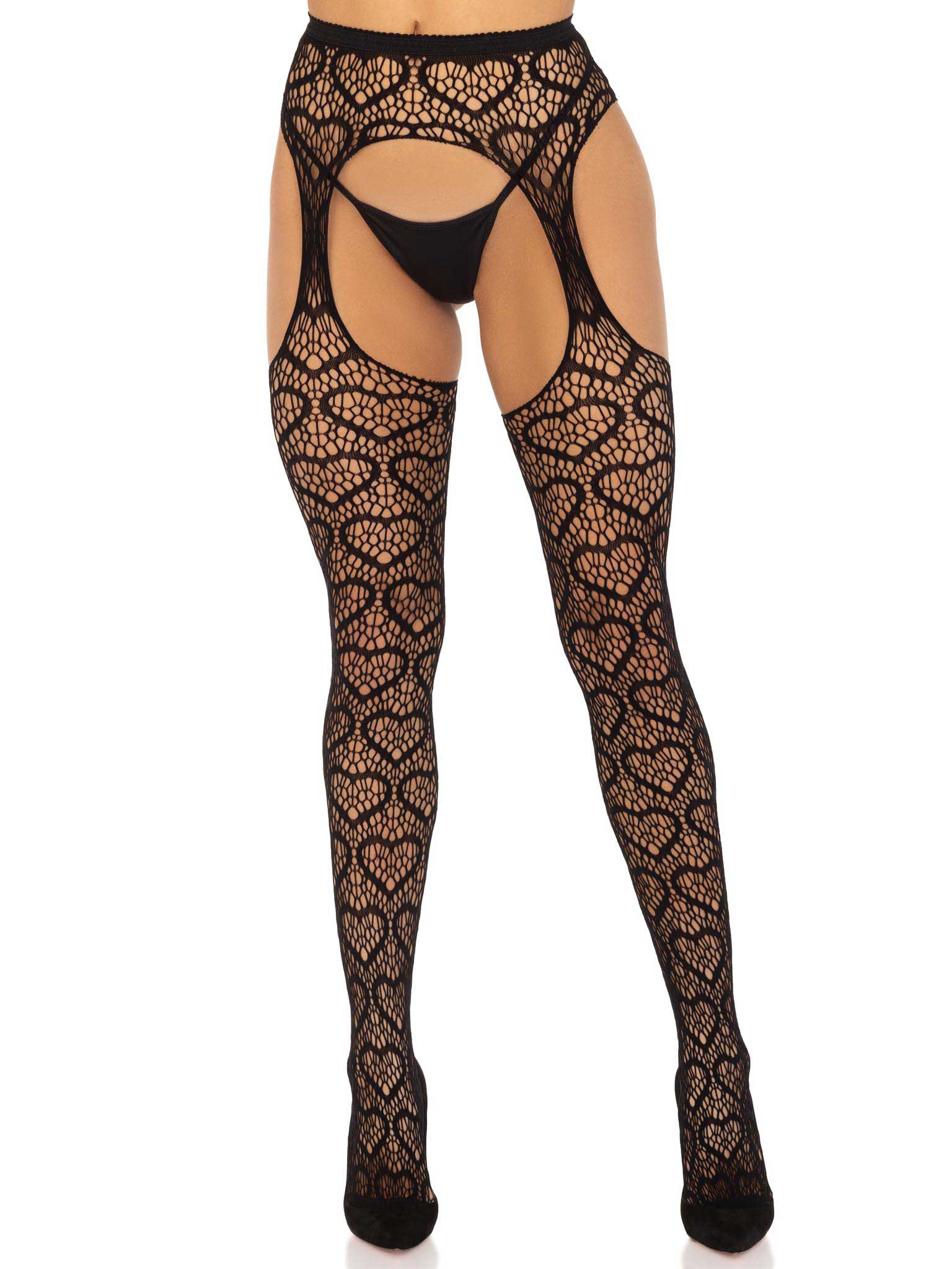 Leg Avenue Heart Net Suspender Pantyhose - Crotchless - Black