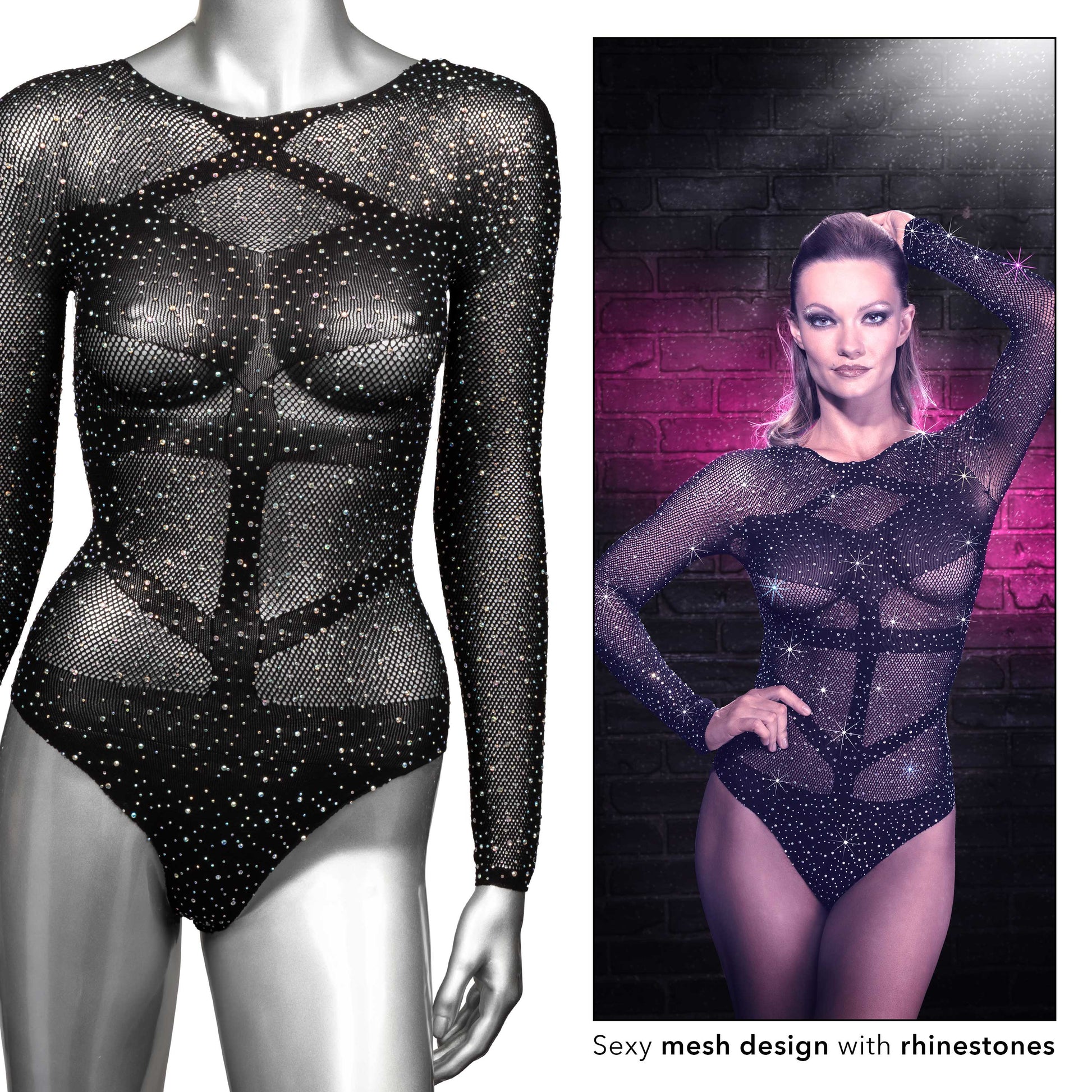 CalExotics Radiance Long Sleeve Bodysuit - Black - Soft Mesh Design with Rhinestone Accents
