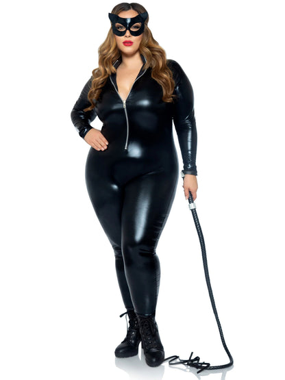 Leg Avenue Lame Zipper Front Catsuit - Costume Bodysuit - Black - 1X/2X