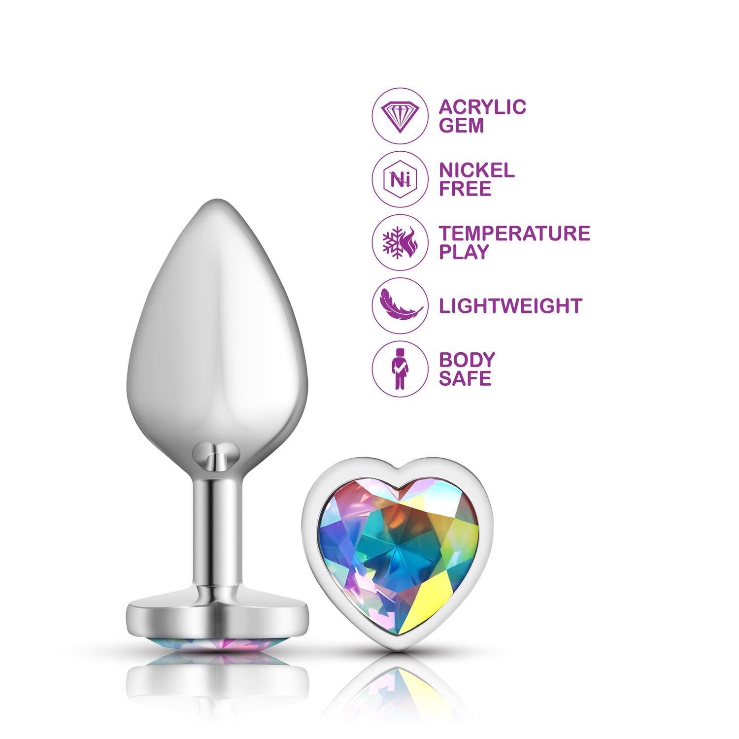 Cheeky Charms Medium Silver Metal Anal Plug with Clear Iridescent Gemstone