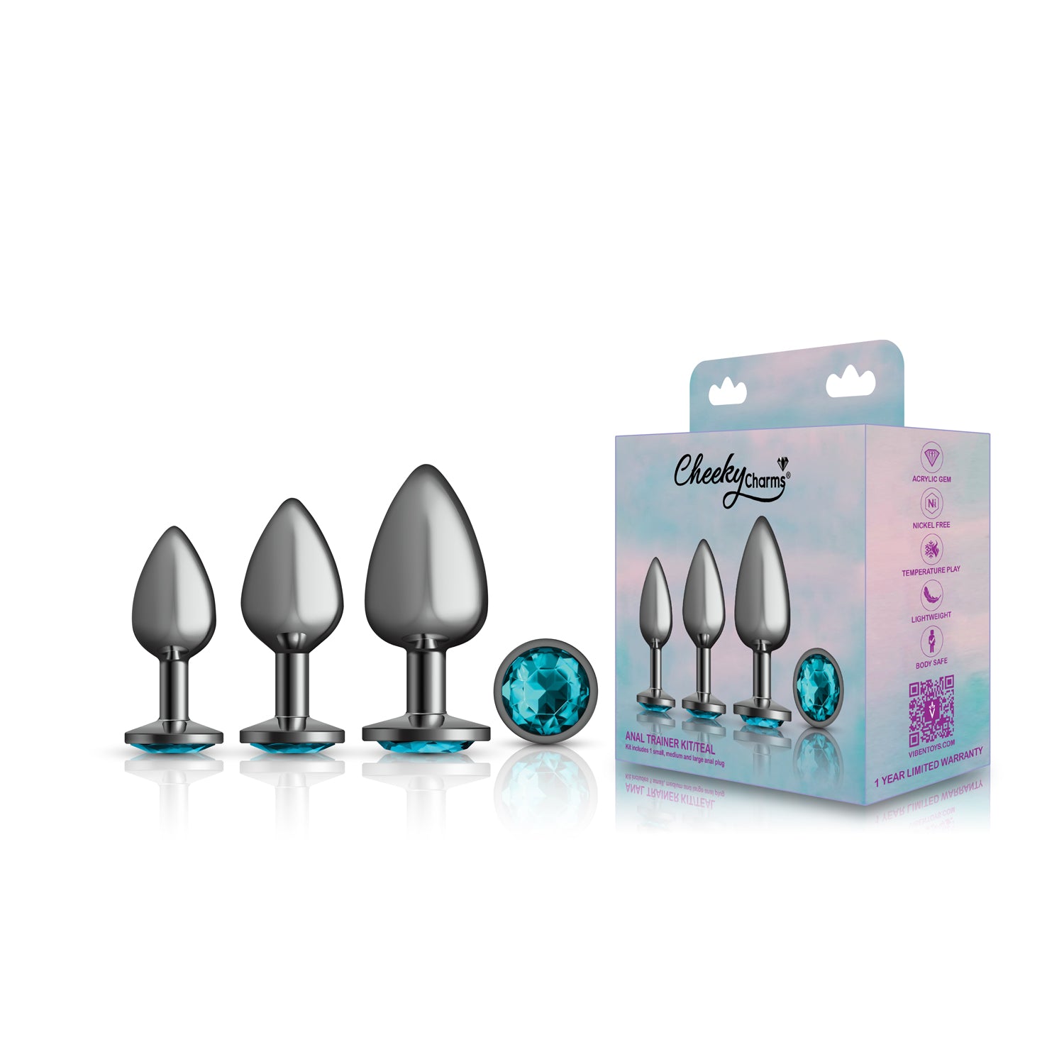 Viben Teal Round Gem Anal Trainer Kit – Gunmetal – 3 Piece Set