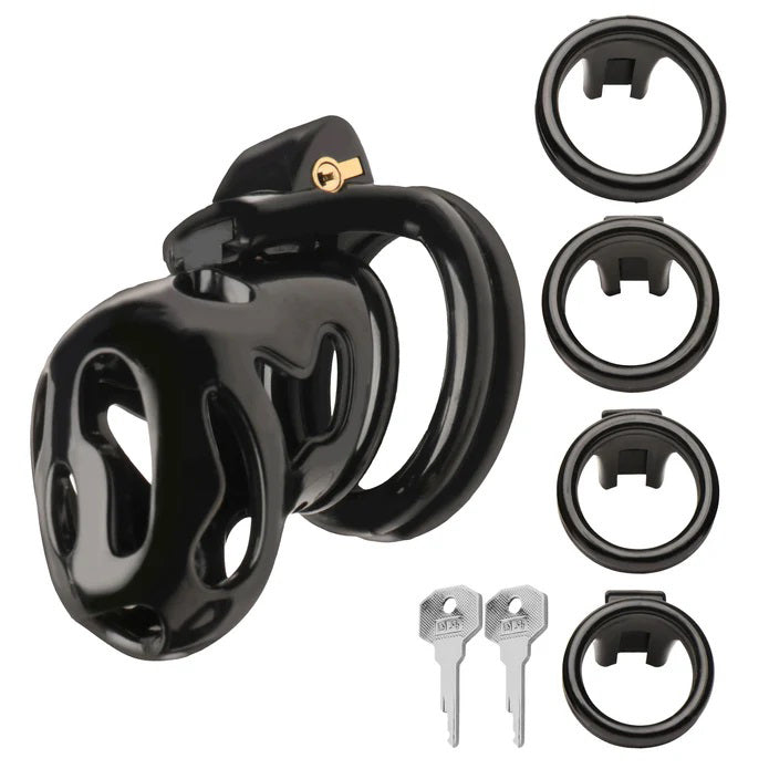 XR Brands Hard Stop Double Ring Chastity Cage with Adjustable Rings - Black