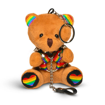 Pride Bear Keychain – Plush Keychain Bear with Rainbow Ears and Kink Accessories – Multi