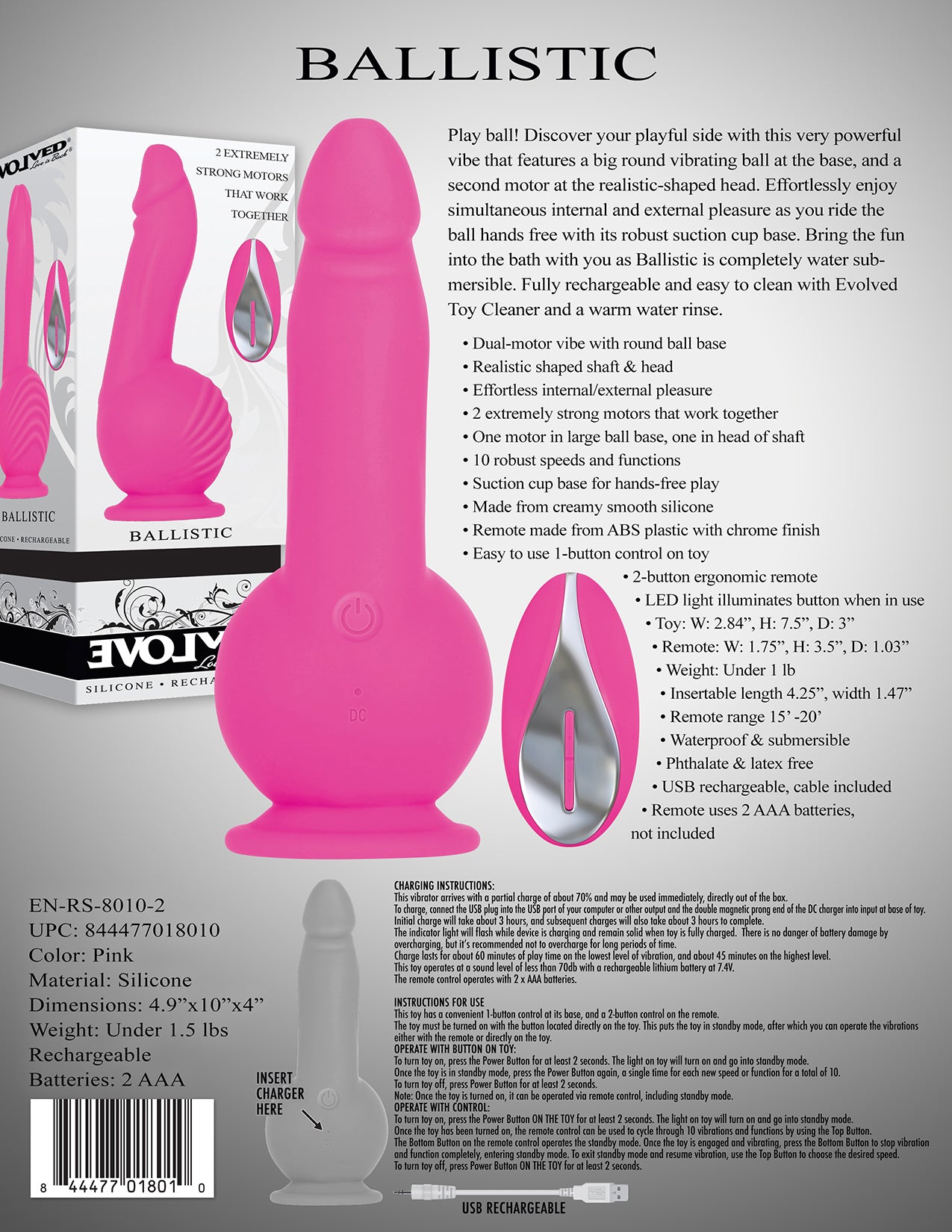 Evolved Novelties Ballistic Dual-Motor Vibrating Toy with Suction Cup Base - Black
