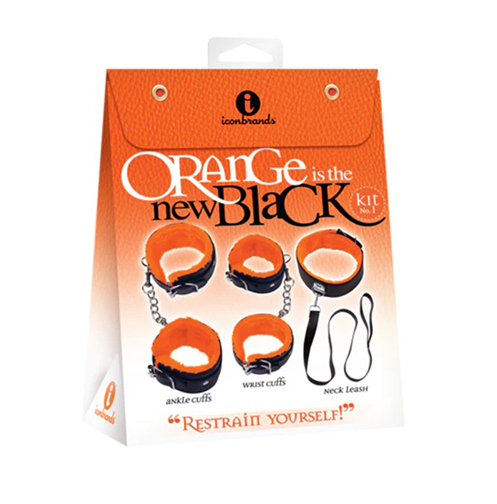 Icon Brands Orange Is the New Black Restrain Yourself Kit - Bondage Kit with Faux-Fur Lined Cuffs and Collar - Black/Orange