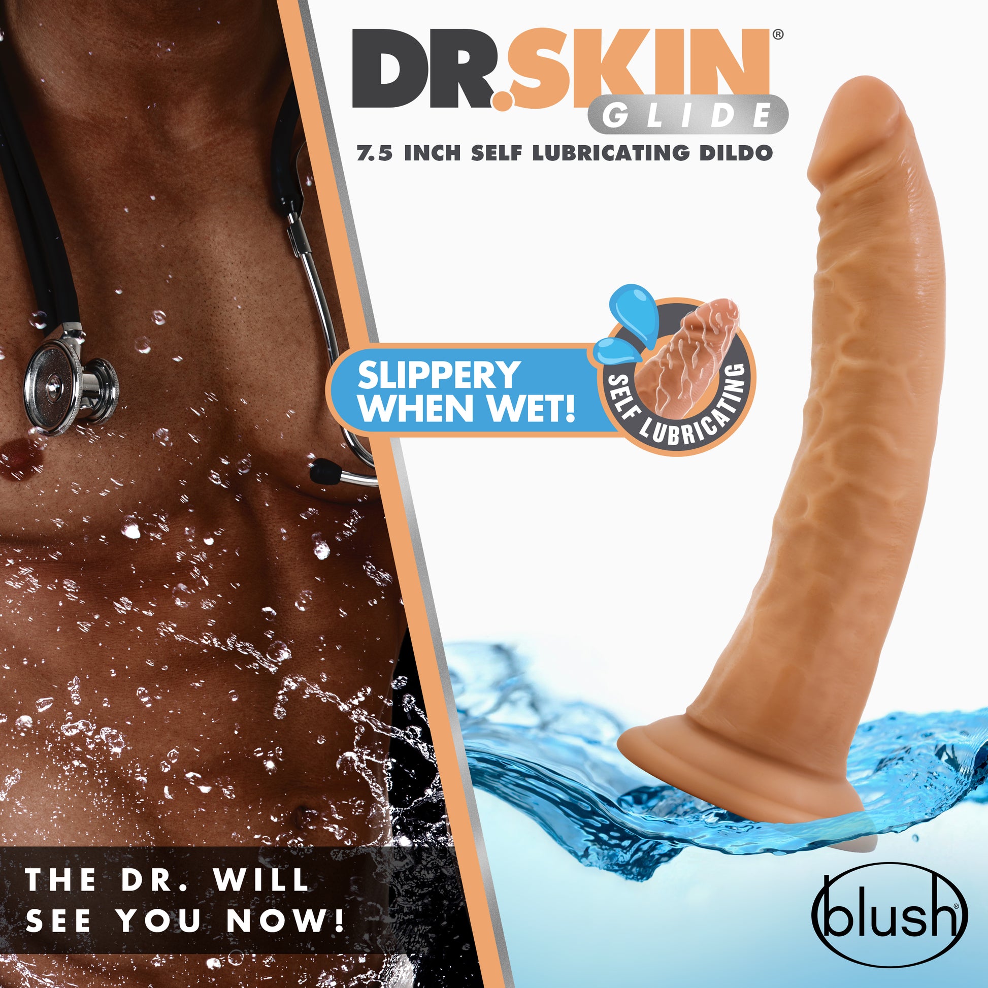 Dr. Skin Glide 7.5 Inch Self Lubricating Dildo - Mocha - Realistic Design with Suction Cup Base