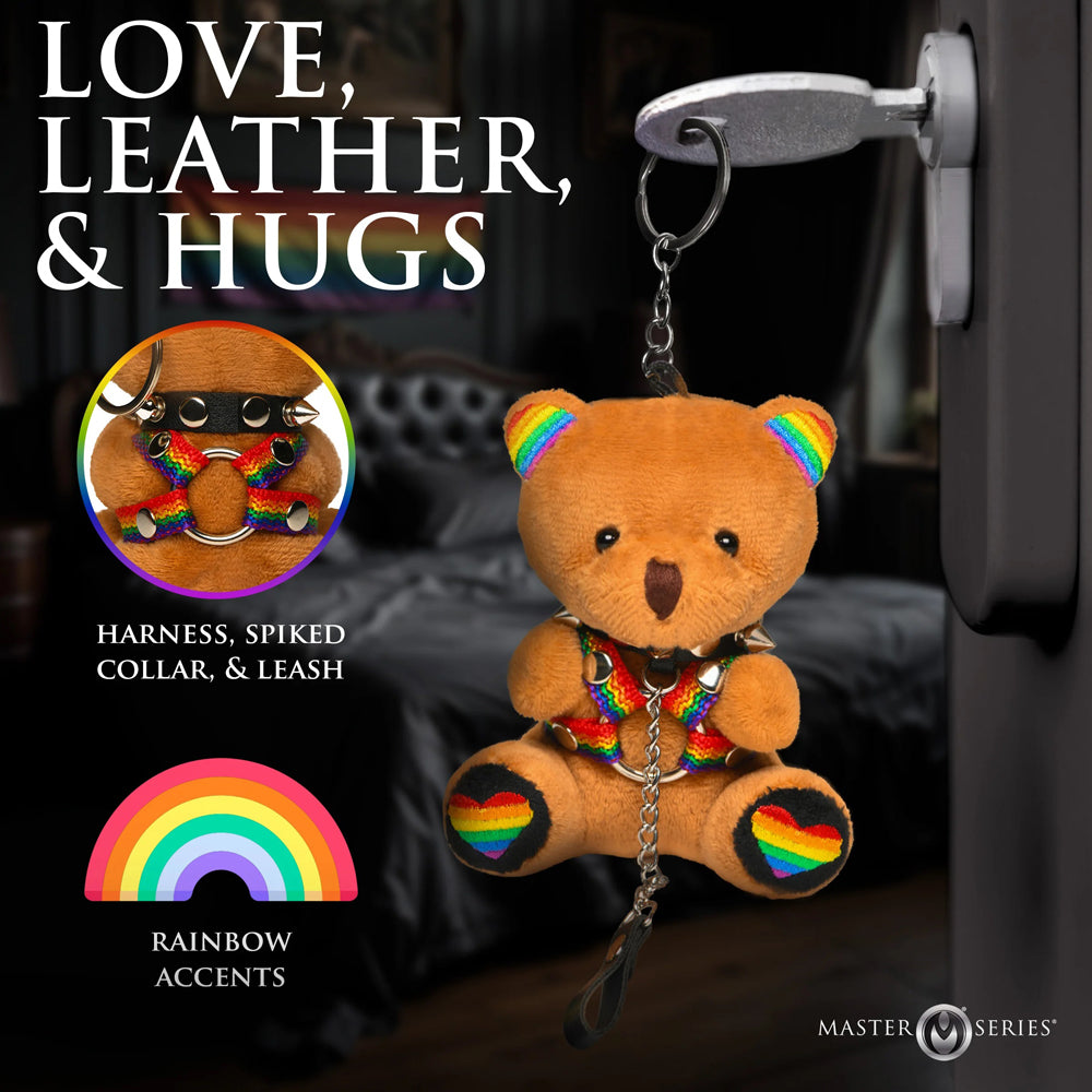 Pride Bear Keychain – Plush Keychain Bear with Rainbow Ears and Kink Accessories – Multi