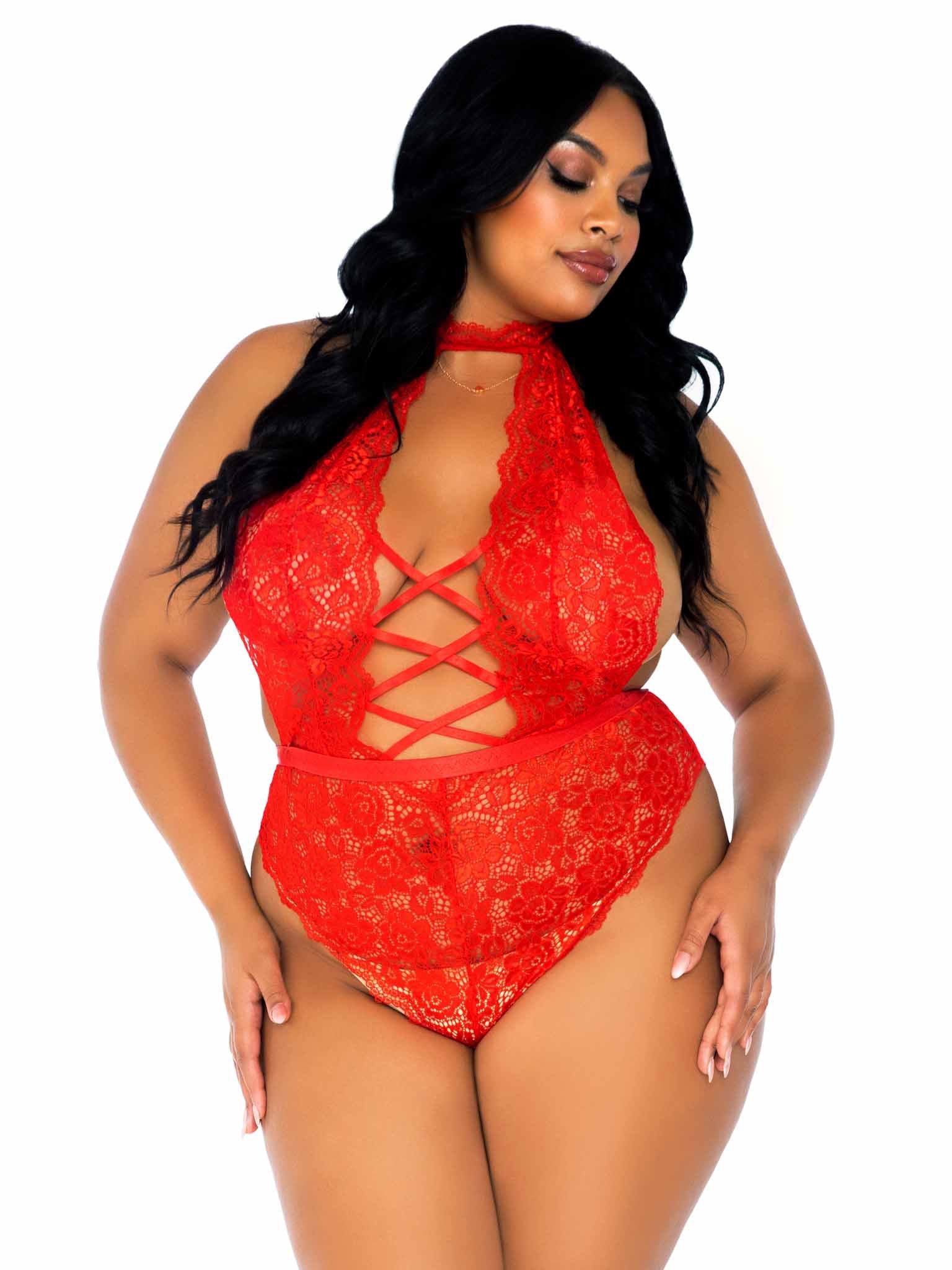 Leg Avenue Floral Lace Crotchless Teddy - Plus Size Lingerie - Red
