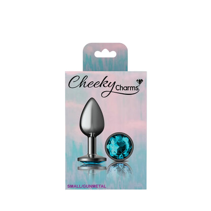 Cheeky Charms Small Teardrop Shaped Anal Plug with Teal Acrylic Gemstone - Gunmetal
