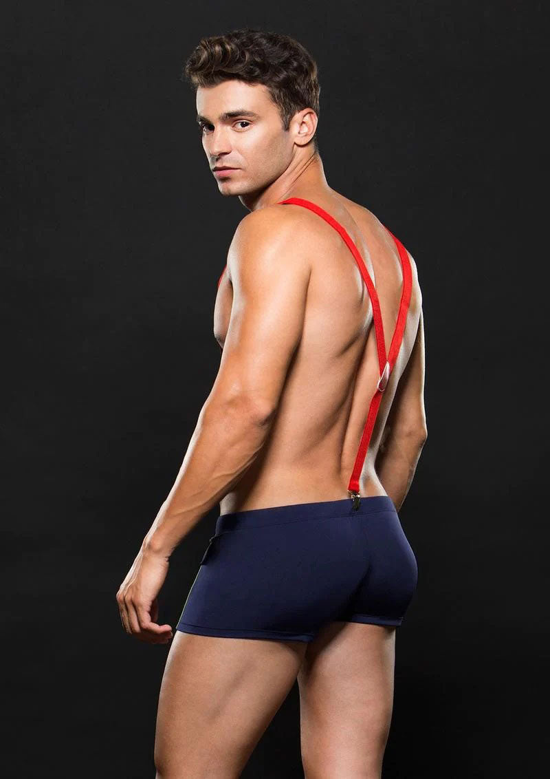 Envy Menswear Fireman Bottom with Suspenders – Navy Blue/Red – Large/XLarge