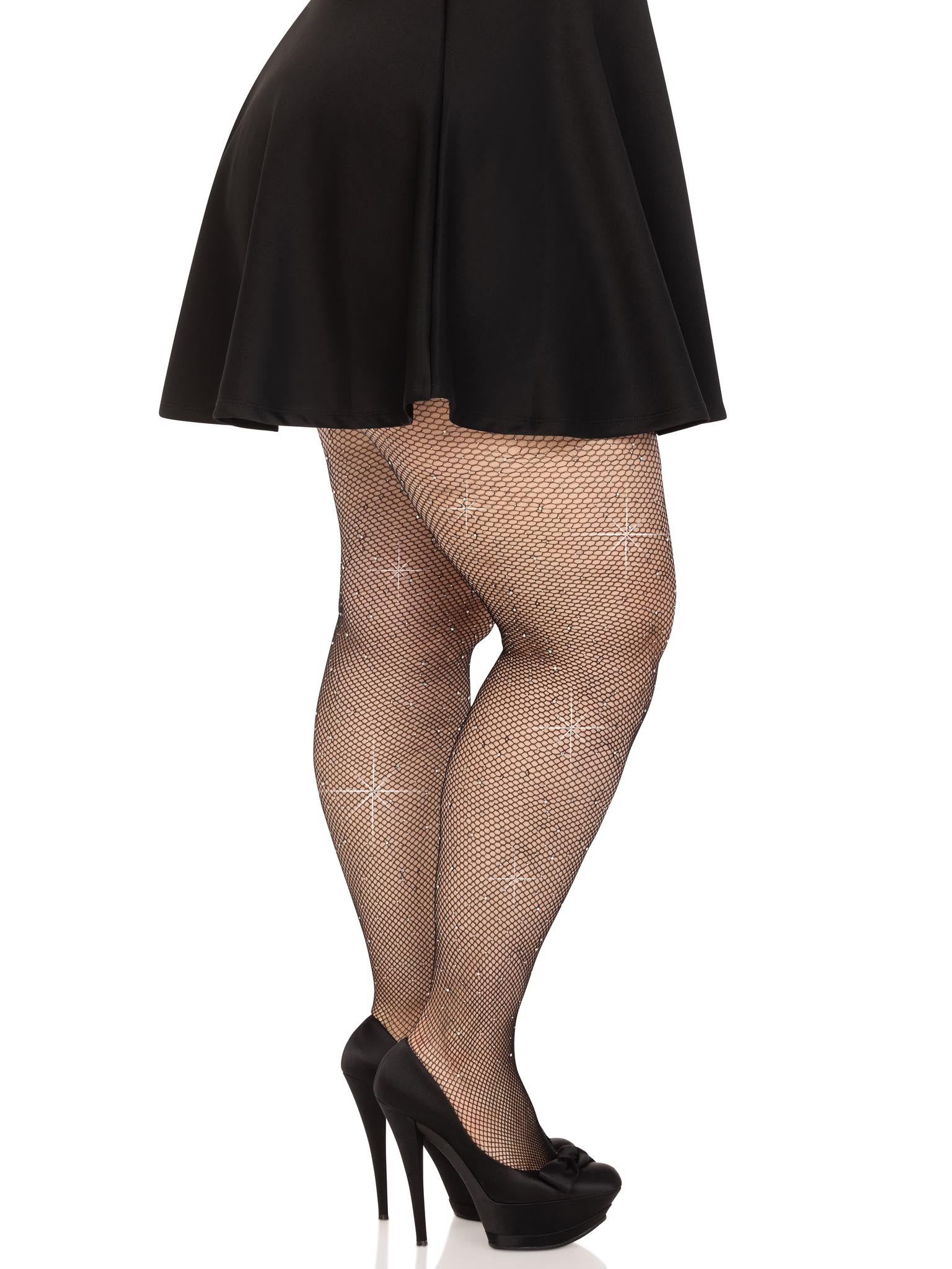 Leg Avenue Colby Rhinestone Fishnet Tights - 1X/2X - Black