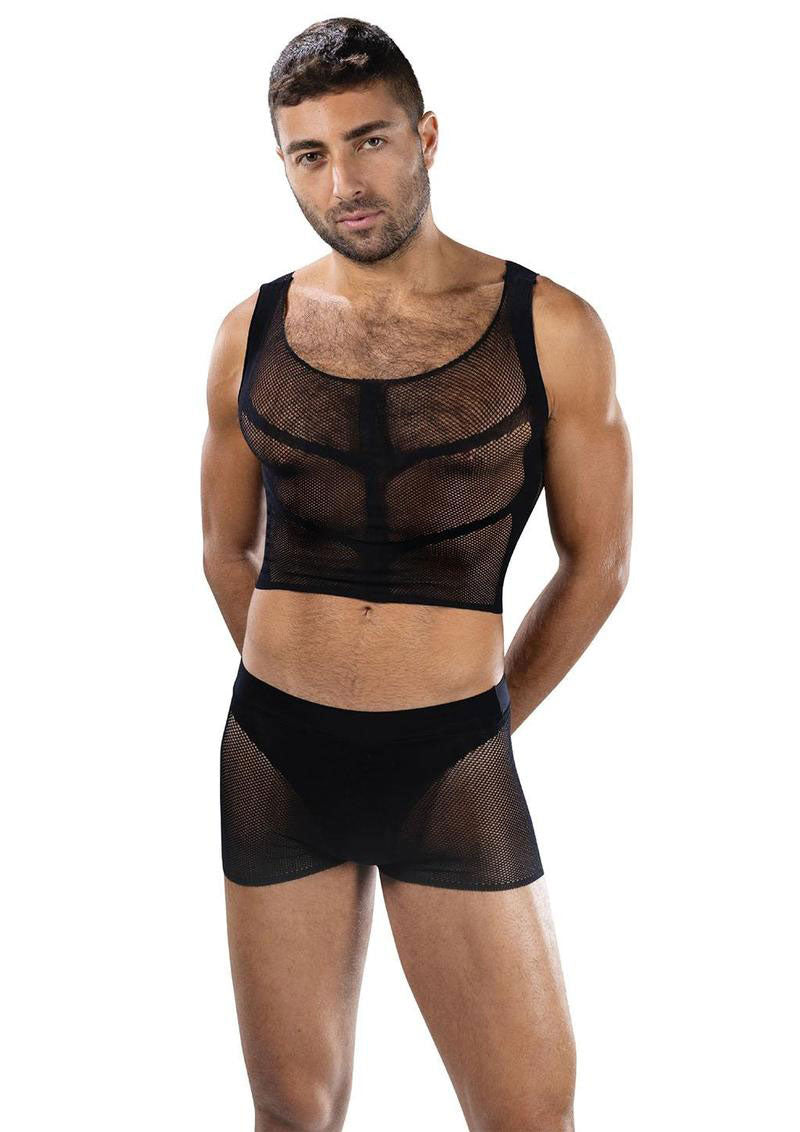 Envy Menswear Armor 2 Piece Set - Sheer Mesh Crop Top and Shorts - Black