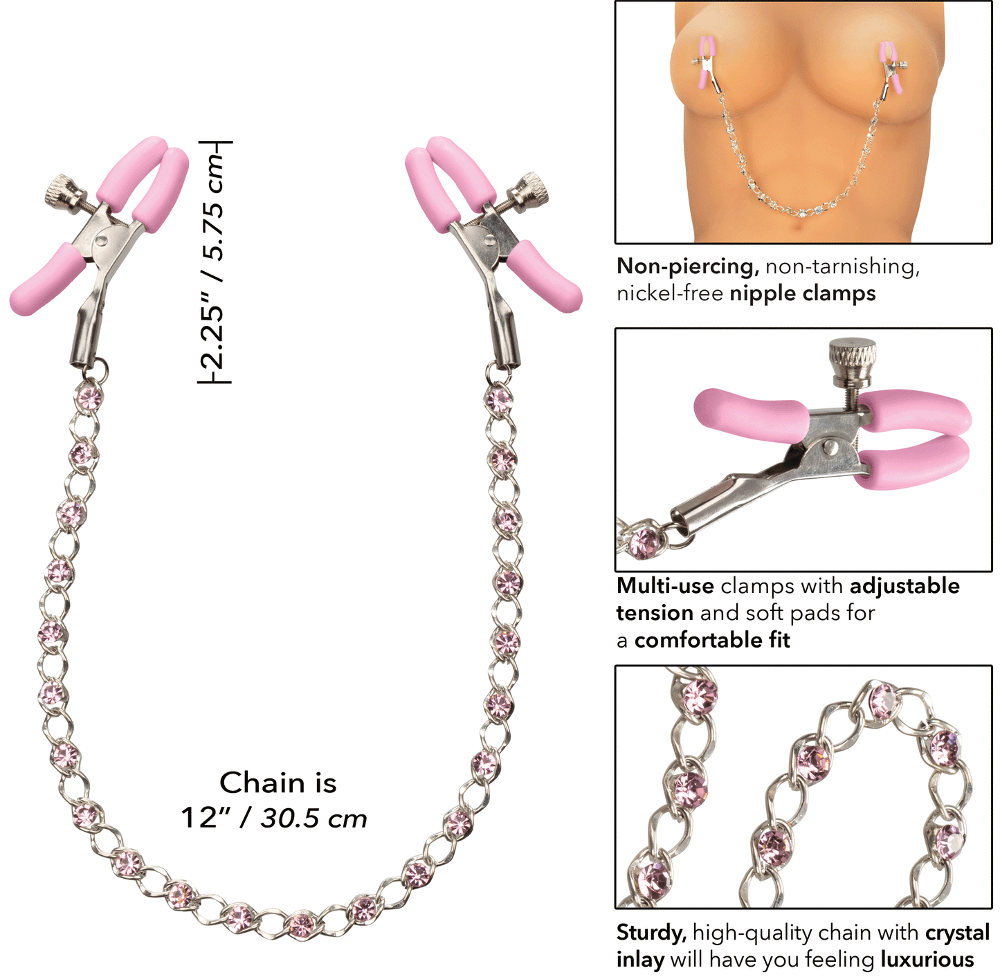 CalExotics Nipple Play Crystal Chain Nipple Clamps - Pink - Adjustable Sensation Toys