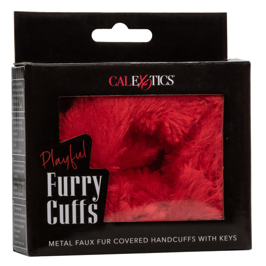 CalExotics Playful Furry Cuffs - Red Metal Handcuffs with Removable Faux Fur