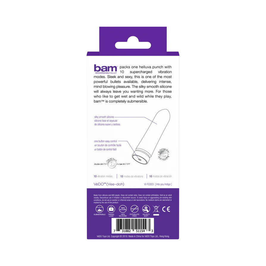 Bam Rechargeable Bullet - Powerful Vibration Mode - Indigo