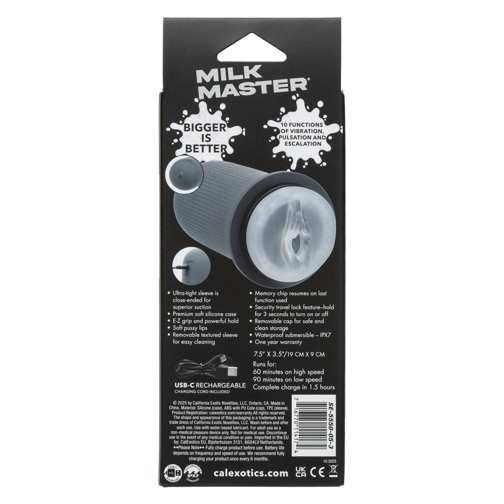 CalExotics Milk Master Grip-N-Stroke Pussy - Rechargeable Vibrating Masturbator - Gray