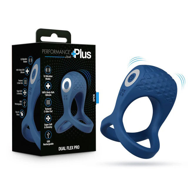 Performance Plus Dual Flex Pro Cock Ring and Ball Strap with 10 Vibration Modes - Blue