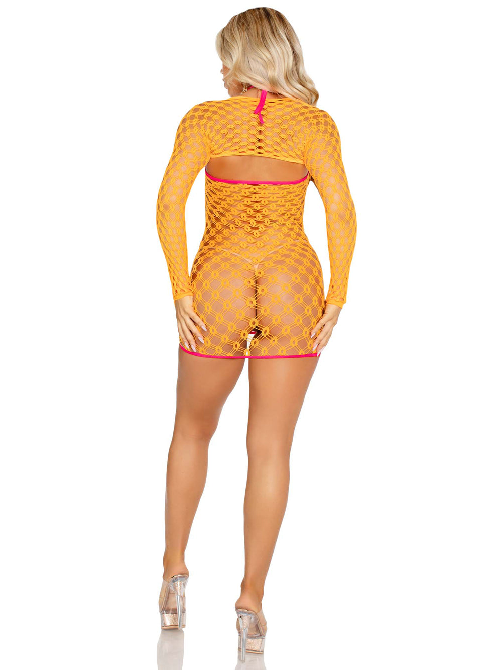 Leg Avenue 2 Pc Eyelet Net Mini Dress with Shrug – Neon Orange