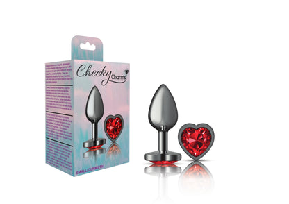 Cheeky Charms Deep Red Heart Gem Gunmetal Metal Anal Plug - Small