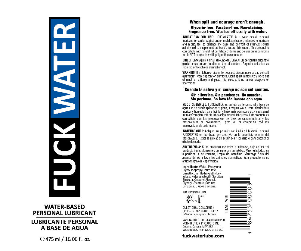 Fuck Water Water-Based Lubricant – Glycerin-Free, 16 Fl. Oz