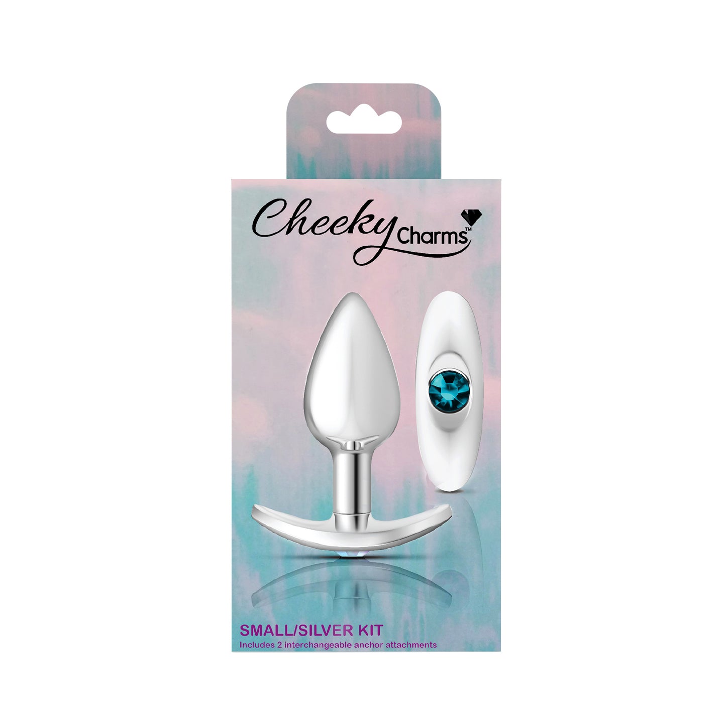 Cheeky Charms Silver Anchor Buttplug Kit with Interchangeable Gemstone Bases – Clear Iridescent/Teal