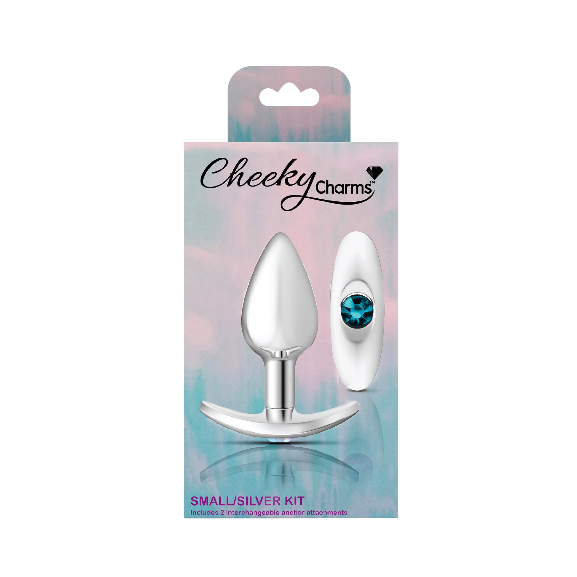 Cheeky Charms Silver Anchor Buttplug Kit with Interchangeable Gemstone Bases – Clear Iridescent/Teal