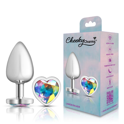 Cheeky Charms Clear Iridescent Heart Gem Large Anal Plug - Silver