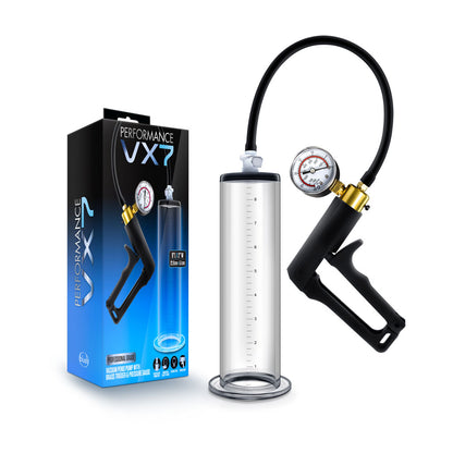 Blush Performance VX7 Vacuum Penis Pump with Brass Trigger & Pressure Gauge - Clear