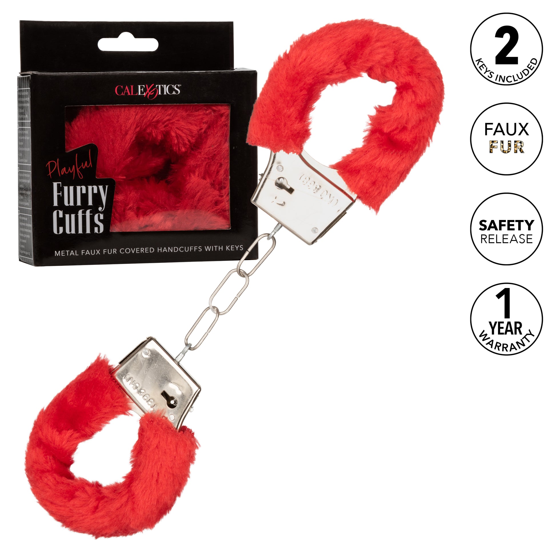 CalExotics Playful Furry Cuffs - Red Metal Handcuffs with Removable Faux Fur