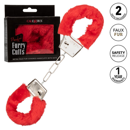 CalExotics Playful Furry Cuffs - Red Metal Handcuffs with Removable Faux Fur