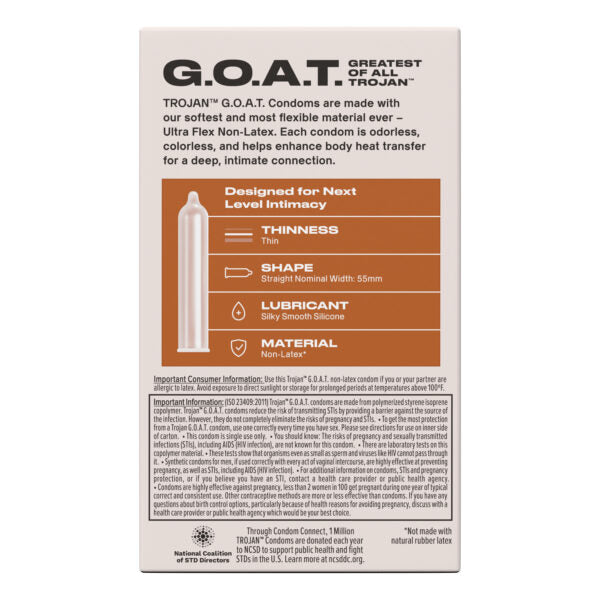 Trojan G.O.A.T. Non-Latex Condoms 10 Pack – Ultra Flex Material, Lubricated