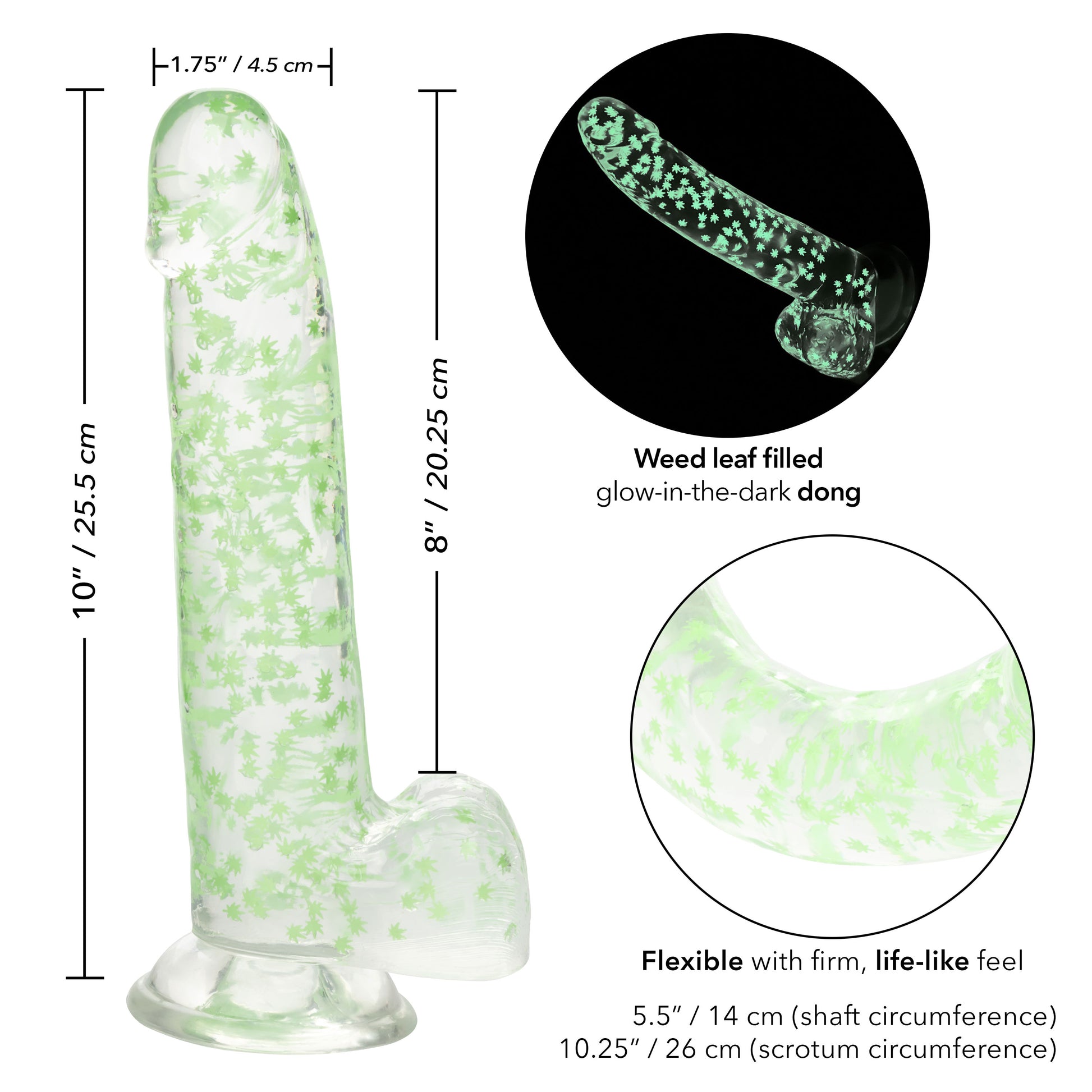 CalExotics Naughty Bits I Leaf Dick Glow-in-the-Dark Dong - 8 Inch, Green