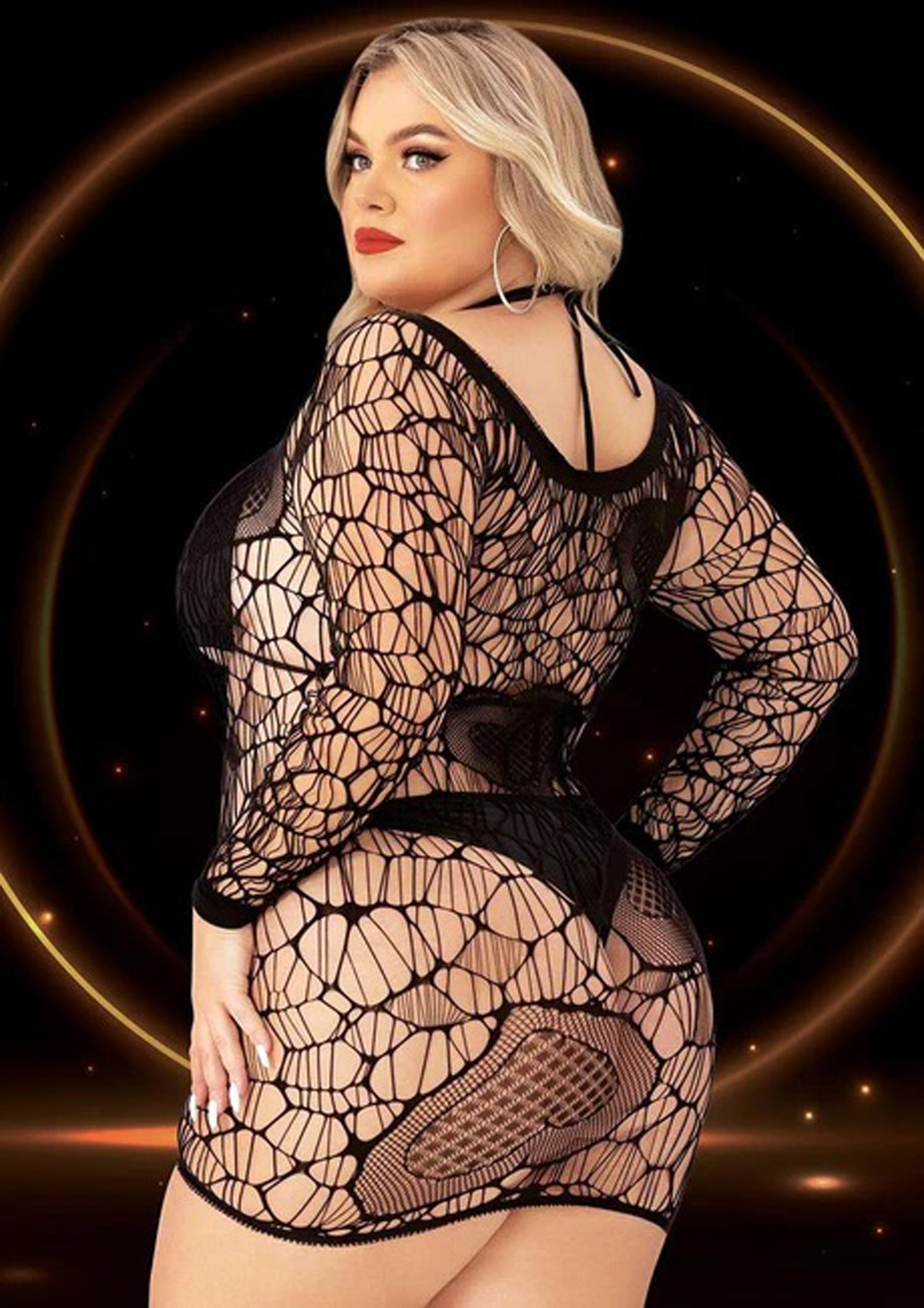 Lapdance Lingerie Long Sleeve Mini Dress - Queen Size - Black with Cutouts