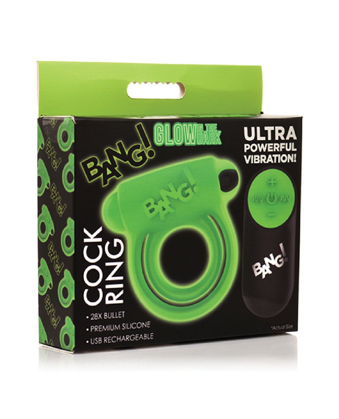 XR Brands Glow in the Dark Cock Ring – Green – USB Rechargeable, Waterproof, 28 Vibration Patterns