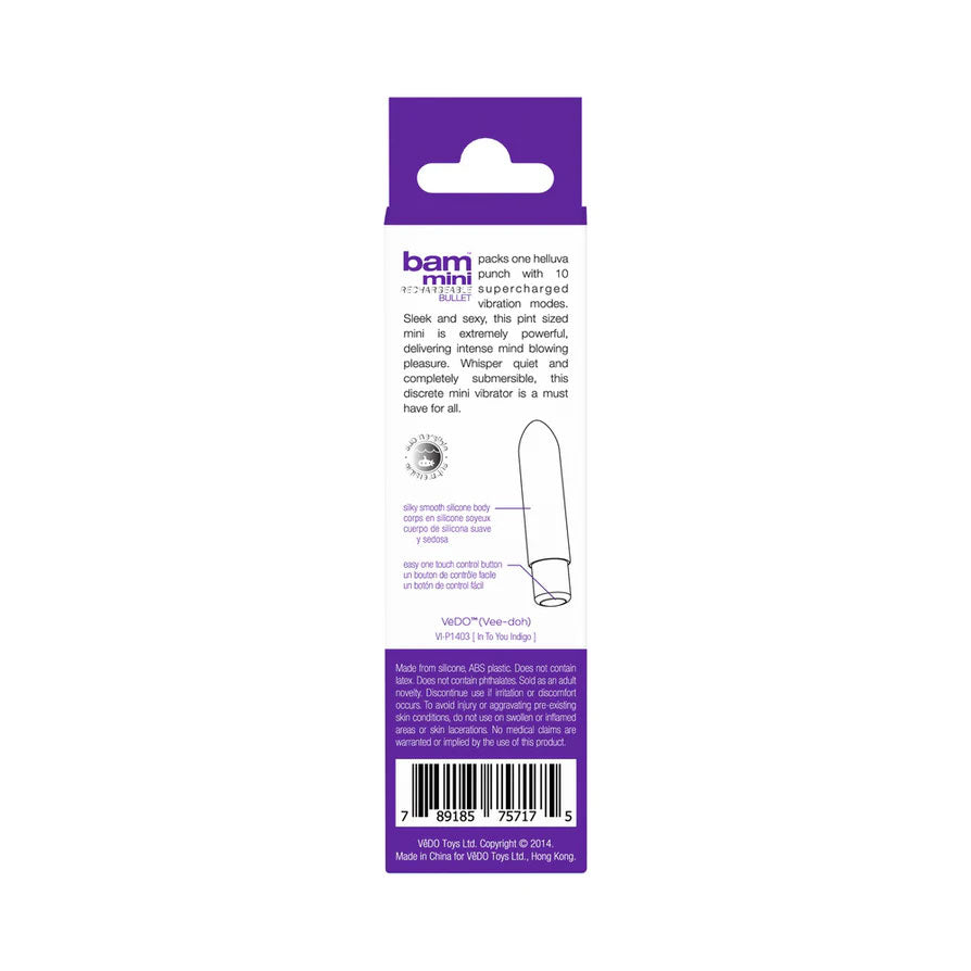 VeDO Bam Mini Rechargeable Bullet Vibe – Indigo – Multi-Function Waterproof Vibe