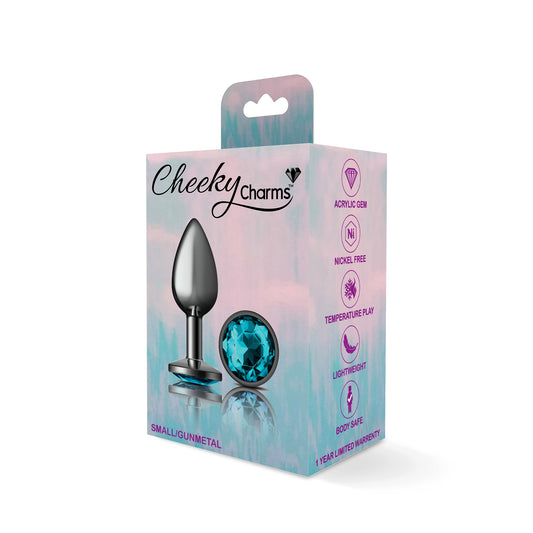 Cheeky Charms Small Teardrop Shaped Anal Plug with Teal Acrylic Gemstone - Gunmetal