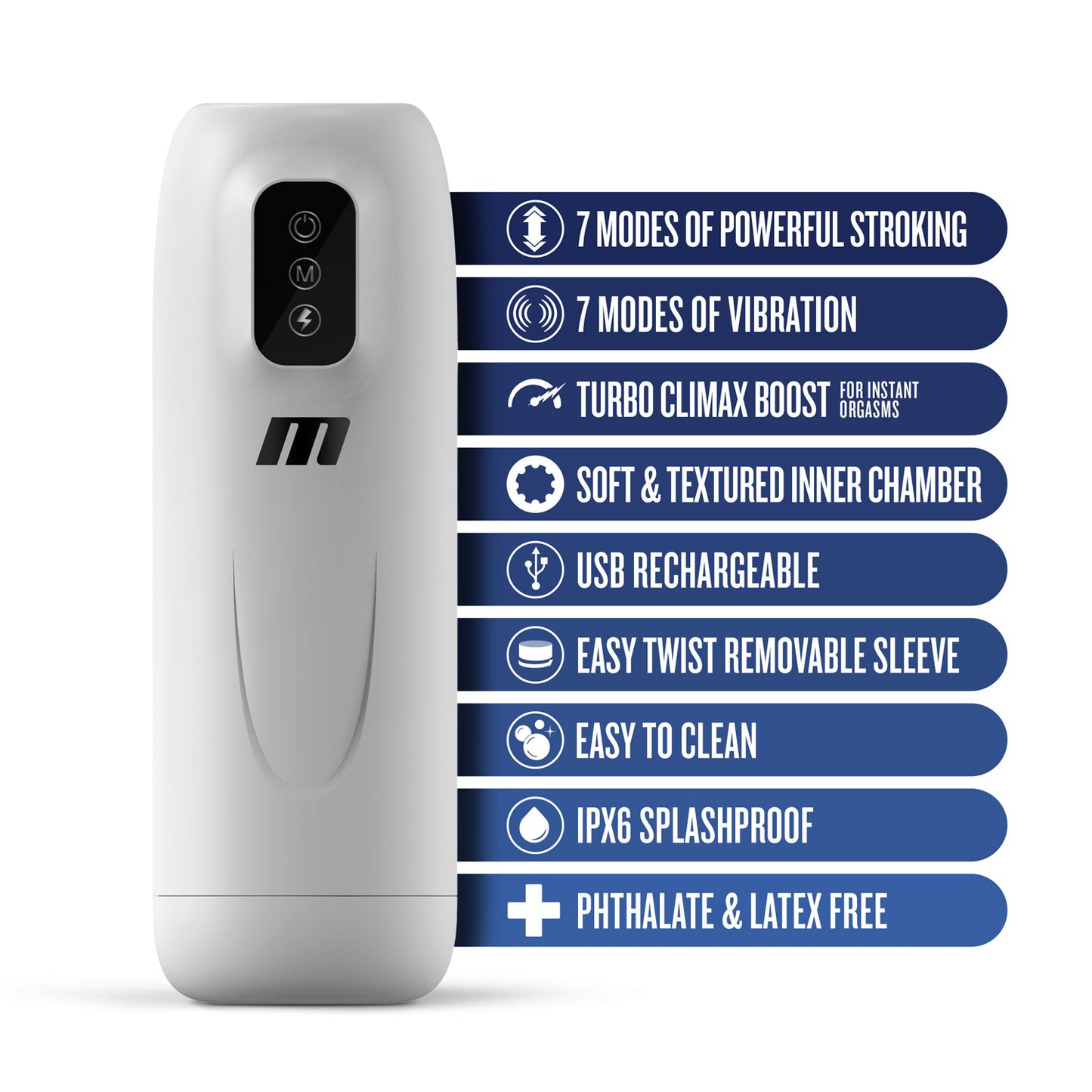 M for Men Robo-Bator Male Masturbator – White – 7 Vibrating and Stroking Modes