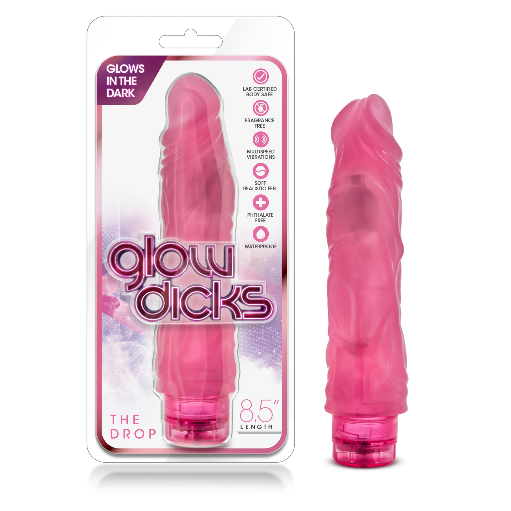 Blush Novelties Glow Dick - 8 Inch Realistic Vibrator with Multi-Speed Vibrations - Pink
