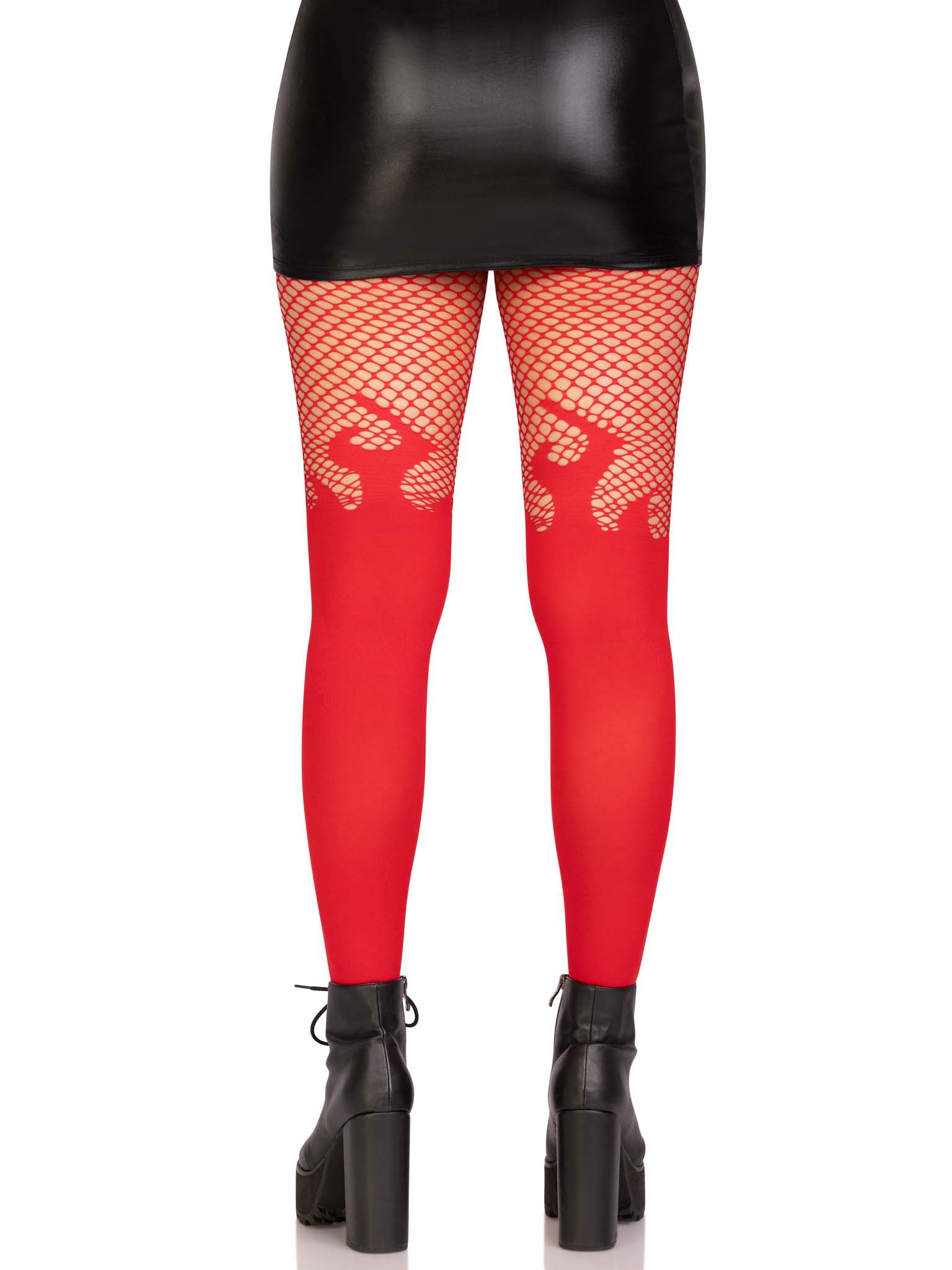 Leg Avenue Opaque Flame Tights with Fishnet Top – Red