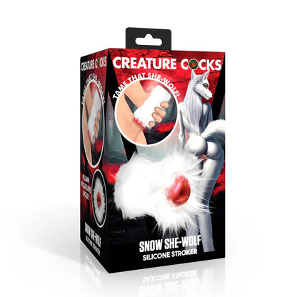 XR Brands Snow She-Wolf Silicone Stroker - White - Textured Inner Tunnel with Removable Faux Fur Cover