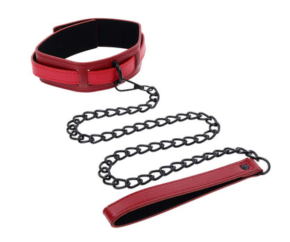 Sportsheets eX's and Oh's Collar and Leash Set - Red Faux Leather with Matte Black Chain