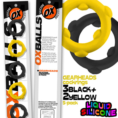 Oxballs Gearheads 5 Pack Spinner Rings – Yellow Black – Stretchy Silicone Cockrings