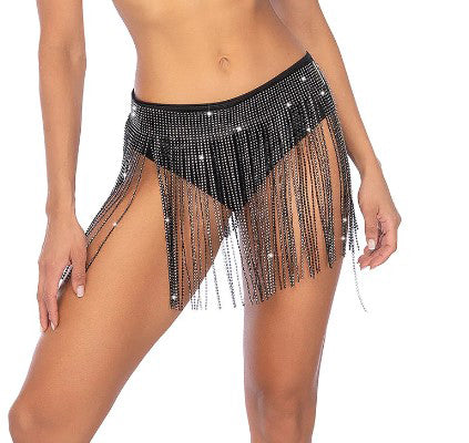 Mapale Glam Fringe Belt – Rhinestone Black Belt with Cascading Crystals