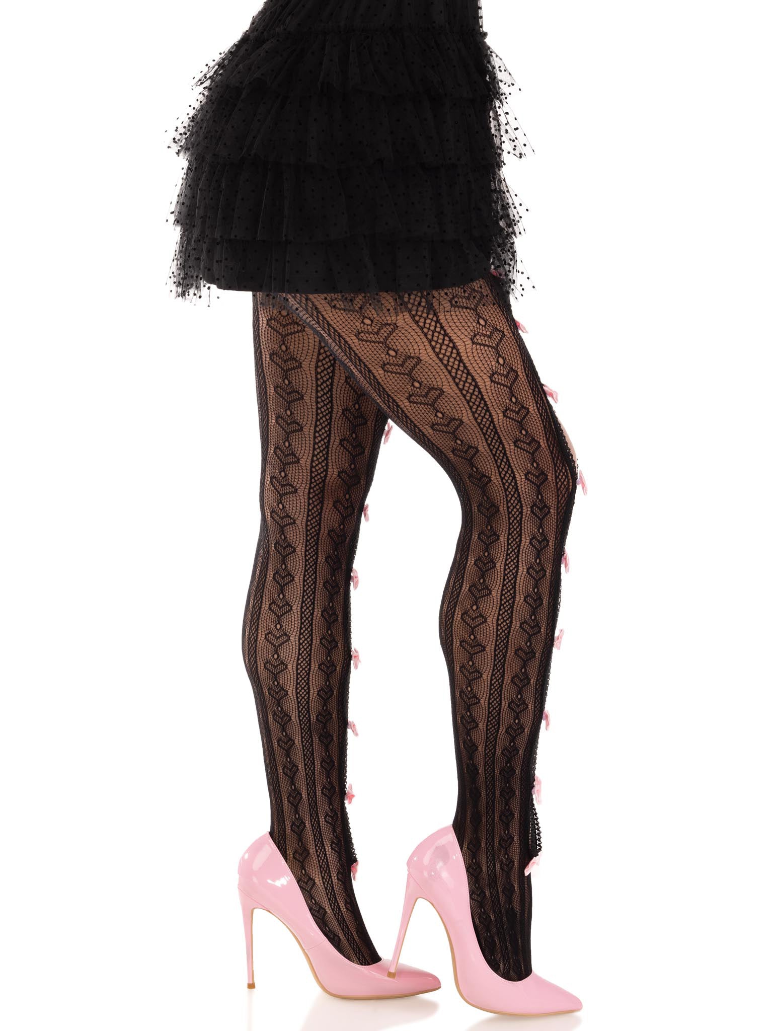 Leg Avenue Sweetheart Striped Net Tights with Keyhole and Mini Bow Detail – Black