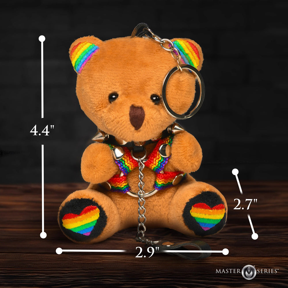 Pride Bear Keychain – Plush Keychain Bear with Rainbow Ears and Kink Accessories – Multi