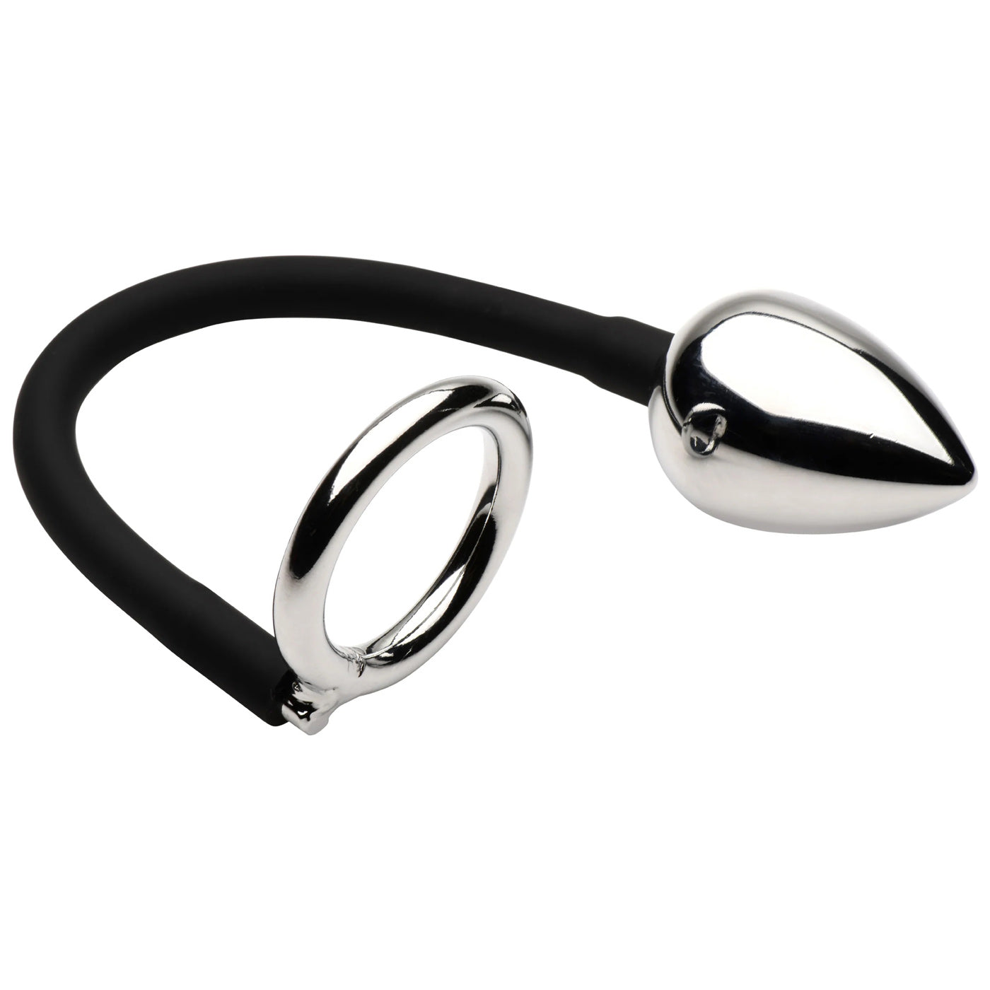 XR Brands Tug Plus Plug Cock and Ball Ring with Anal Plug - Black