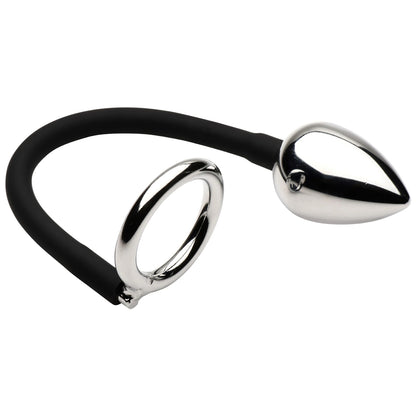 XR Brands Tug Plus Plug Cock and Ball Ring with Anal Plug - Black