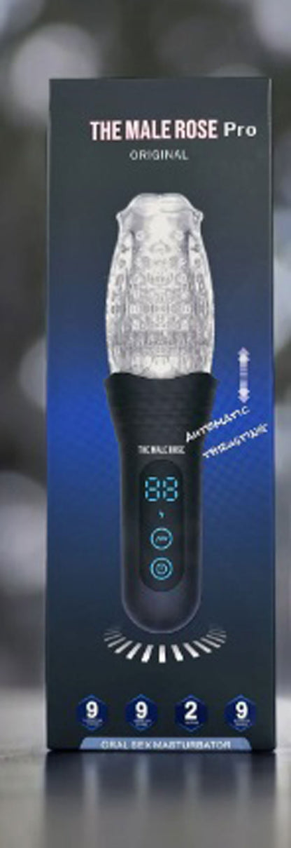 The Male Rose Pro Rechargeable Thrusting Vibrating and Rotating Masturbator – Clear