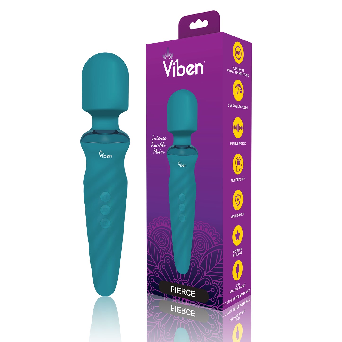 Viben Fierce Wand Massager - 25 Vibration Patterns, Waterproof, Ocean Blue
