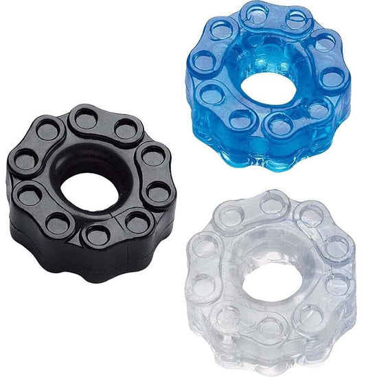 Hott Products Wet Dream Chain Gang Cock Rings – 3 Pack – Clear, Black, Blue